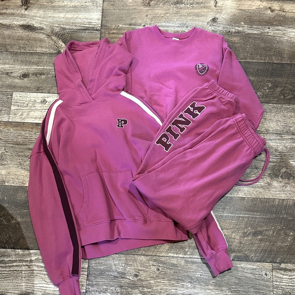 VS PINK 3 Piece Fleece Crew, Hoodie and Jogger Set